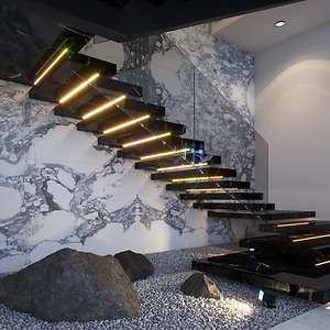 Modern black marble staircase design in a contemporary villa in Saudi Arabia, near Riyadh