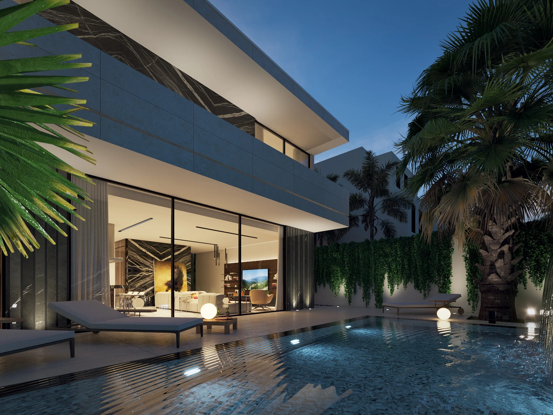 Modern duplex villa design in Saudi Arabia Pool Night